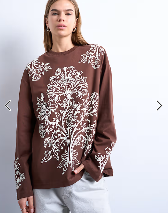 Topshop graphic paisley long sleeve skater tee in brown