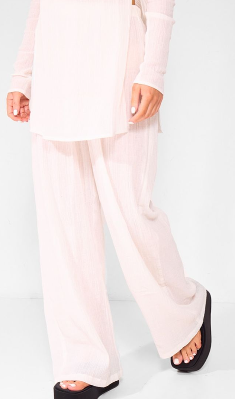 Cream Cheesecloth Textured Wide Leg Trousers