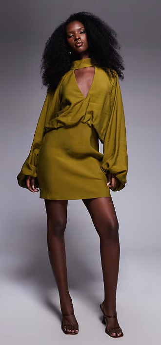 ASOS - DESIGN high neck plunge mini dress with blouson sleeves in khaki