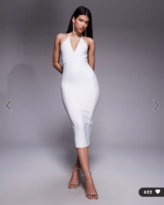 Kaiia exclusive premium sculpting bandage bodycon halterneck plunge midi dress in white