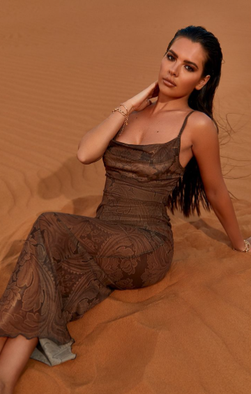 Light Brown Floral Print Mesh Cowl Maxi Dress