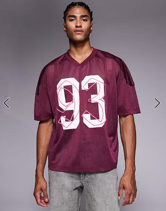 ASOS DESIGN boxy oversized T-shirt with dropped shoulder and v neck with sports graphic in burgundy airtex .