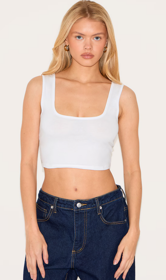 Basic White Cotton Blend Square Neck Crop Vest