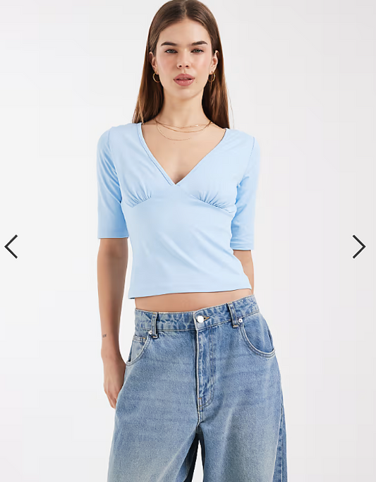 ASOS DESIGN polyamide short sleeve plunge neck top in blue