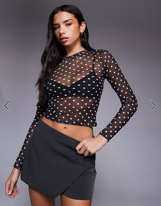 ASOS DESIGN mesh long sleeve top in black and white polka dot