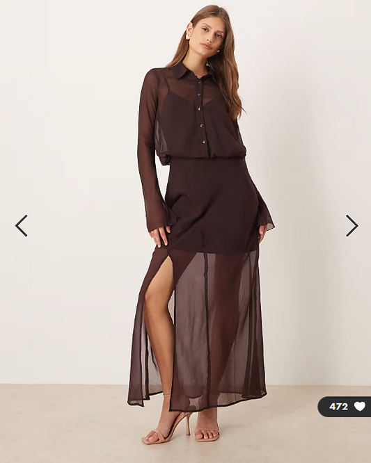 ASOS DESIGN sheer midi shirt dress in chocolate