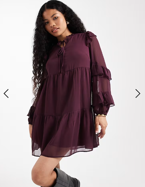 New Look Petite ruffle chiffon long sleeve mini dress in burgundy