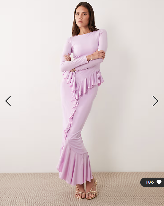 Ruched & Ready sculpting long sleeve ruffle drape detail maxi dress in lilac
