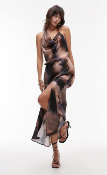 Topshop asymmetric maxi dress in dusty marbled print