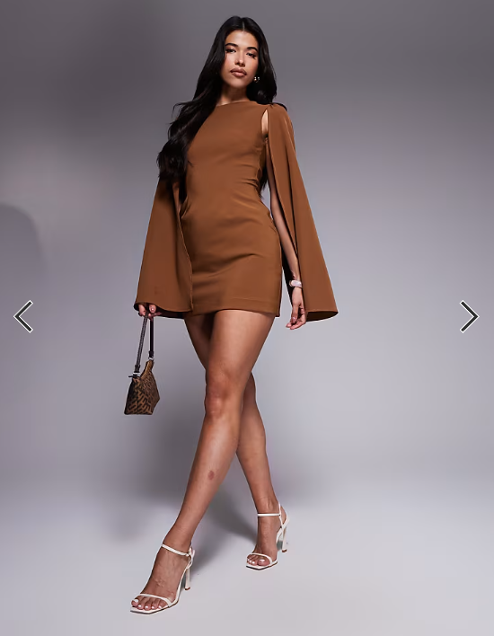 TFNC crepe mini dress with cape shoulders in mocha