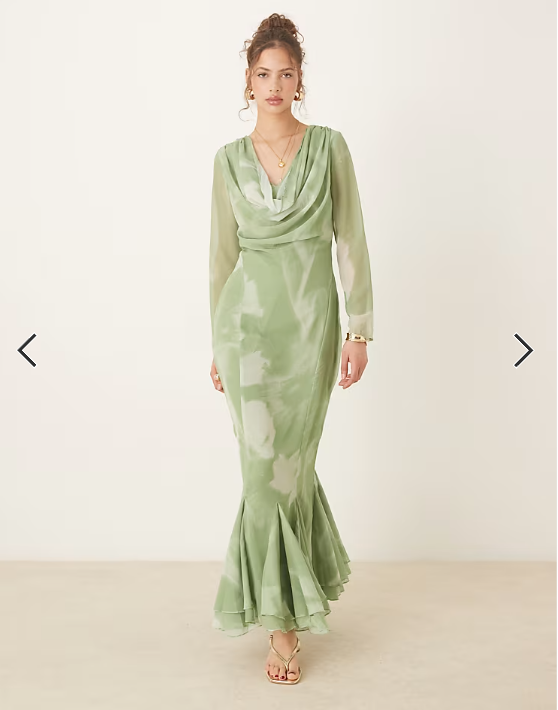 ASOS DESIGN cowl neck maxi dress with godet hem in blurred green print