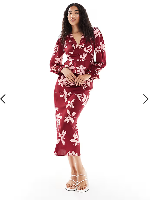 Wednesday's Girl floral print bias cut midaxi skirt in burgundy