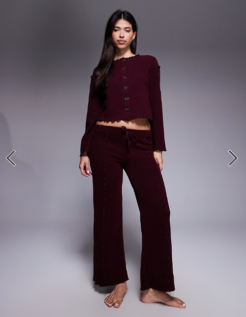 River Island jersey button up loungewear set in burgundy