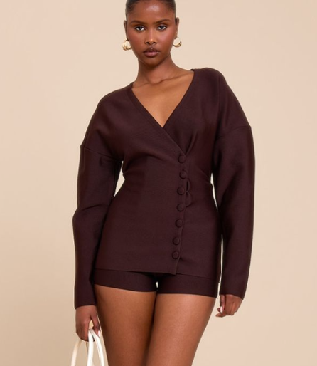 Dark Brown Bandage Button Up Cardigan Playsuit