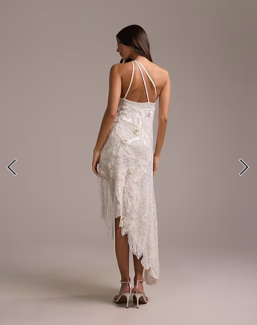 Asos - embellished one shoulder cutwork midi dress with asymmetric fringe hem in white