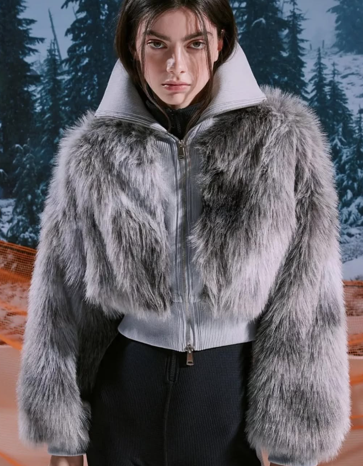 Plt ombre shaggy faux fur zip up jacket grey