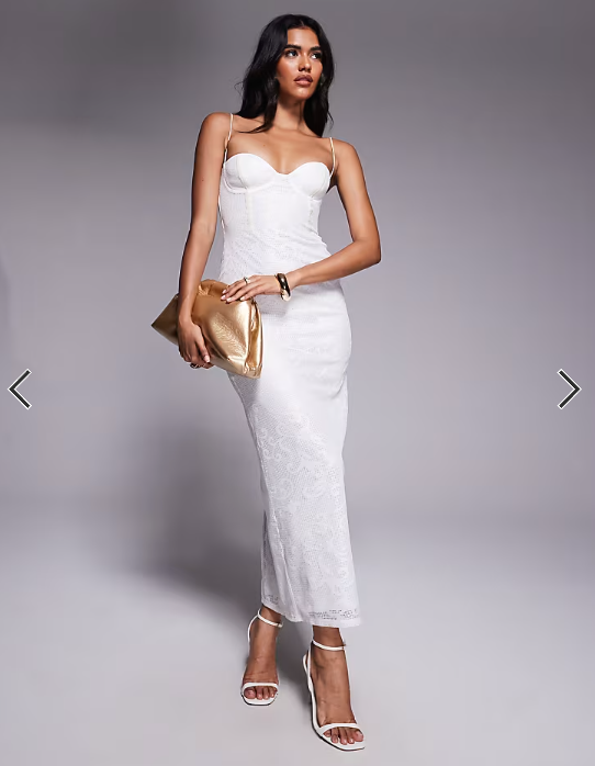 ASOS DESIGN cup detail embroidered crochet midi dress in cream