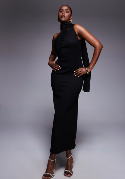 Asos - textured crinkle one shoulder midi dress in black
