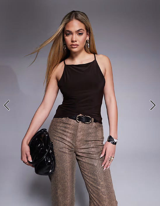 ASOS DESIGN double layered 90s boat neck strappy top in chocolate