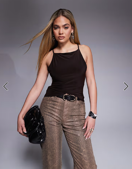 ASOS DESIGN double layered 90s boat neck strappy top in chocolate