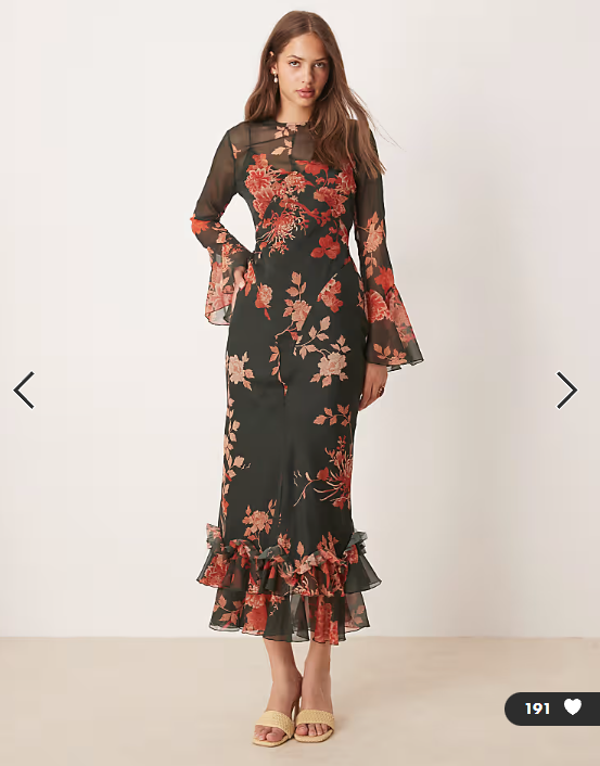 ASOS DESIGN flutter sleeve maxi dress with frill hem in black and red floral