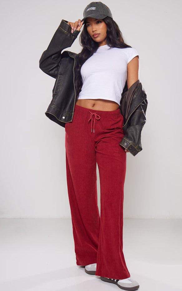 Burgundy Cord Tie Waist Low Rise Trousers