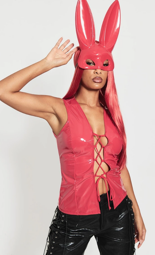 Red Vinyl Plunge Lace Up Sleeveless Long Top Red