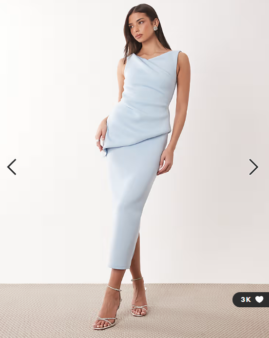 ASOS DESIGN drape asymmetric midi dress in light blue scuba-style fabric