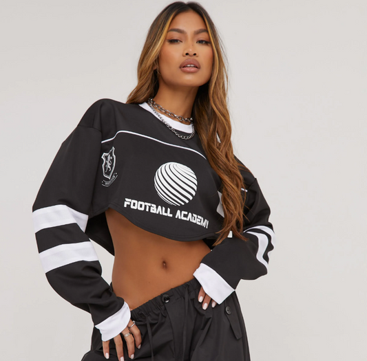 Long Sleeve Contrast Detail Curved Hem Football Top In Black