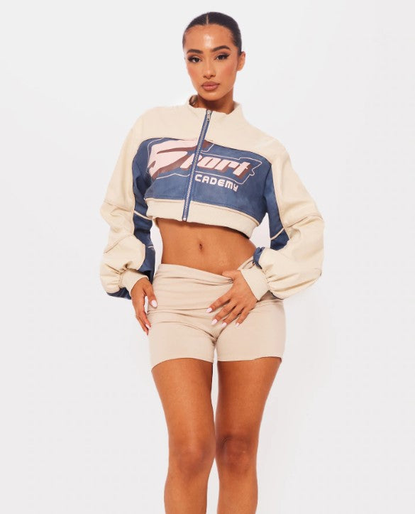 Petite Cream Pu Cropped Racer Jacket