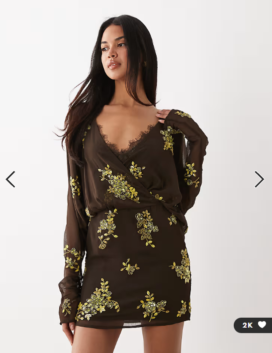 ASOS DESIGN batwing embellished slouchy hip mini dress with lace cami in chocolate and lime