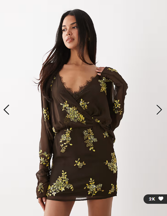 ASOS DESIGN batwing embellished slouchy hip mini dress with lace cami in chocolate and lime