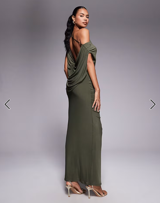 ASOS DESIGN mesh draped back ruched maxi dress in khaki