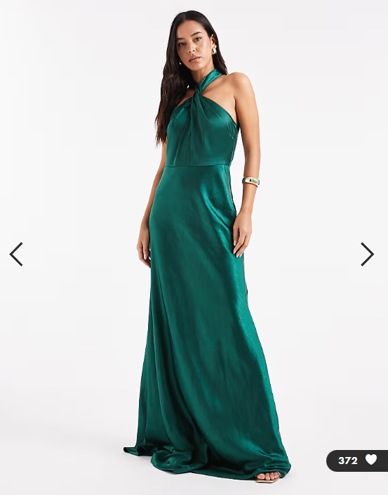 Six Stories Bridesmaid satin twist detail halter neck maxi dress in emerald green