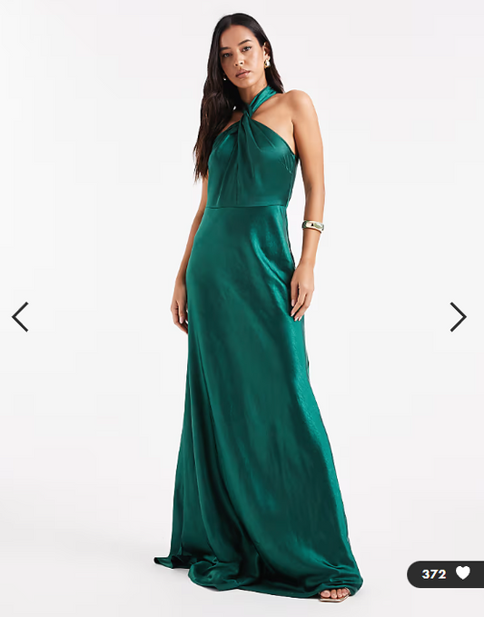 Six Stories Bridesmaid satin twist detail halter neck maxi dress in emerald green