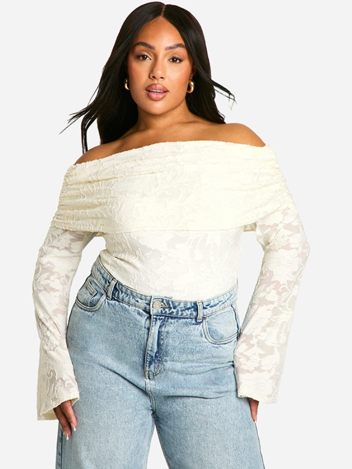 boohoo Curve Jacquard Bardot Bodysuit Top