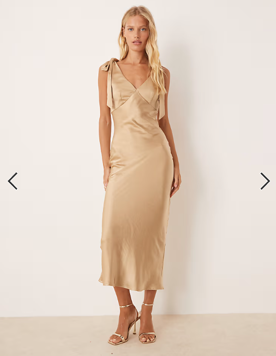 Pretty Lavish bow shoulder satin midaxi dress in gold