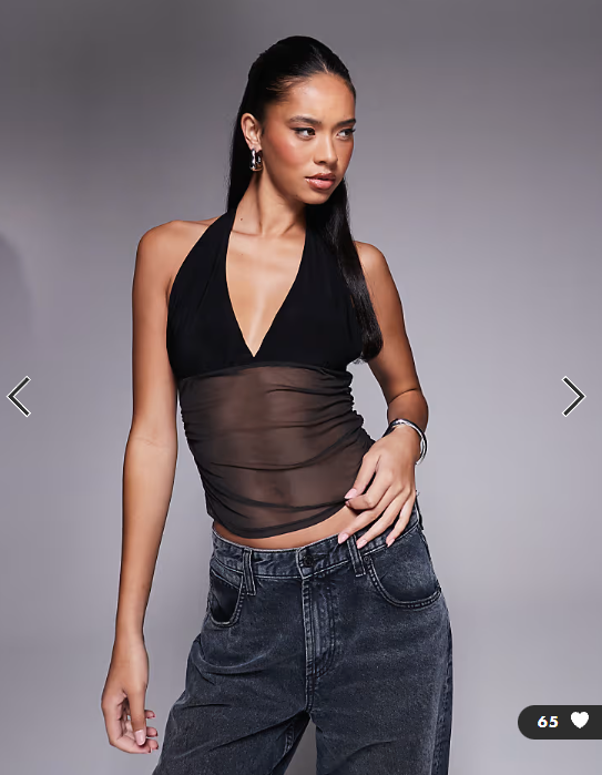 ASOS DESIGN slinky plunge halter top with ruched mesh in black