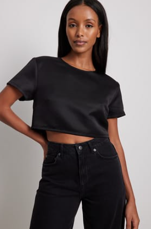 Cropped Shoulder Padded Satin Top