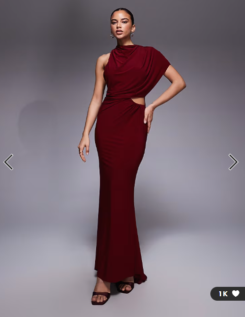 ASOS DESIGN slinky caped one shoulder cut out maxi dress with open back in burgundy