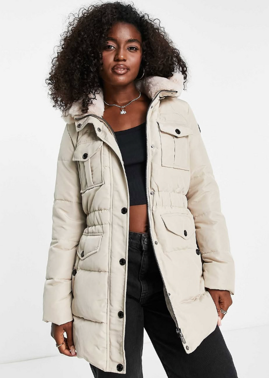 Morgan padded coat with faux fur hood in cream