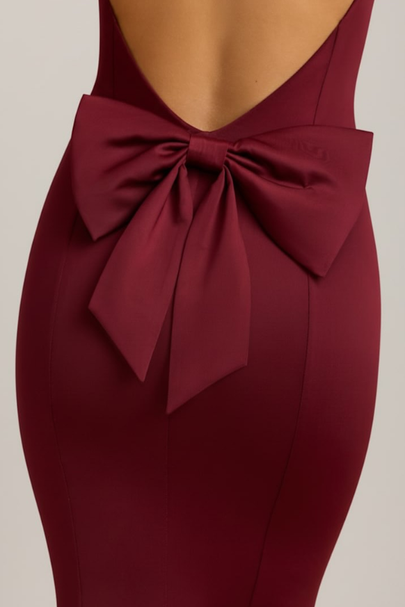 OhPolly-Slinky Jersey Bow-Detail Midaxi Dress in Wine Red