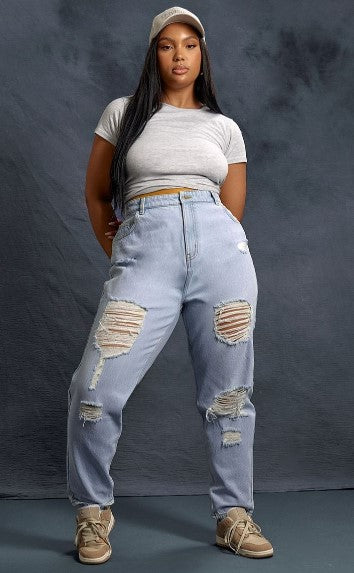 Plus Light Blue Wash Distressed Mom Jeans