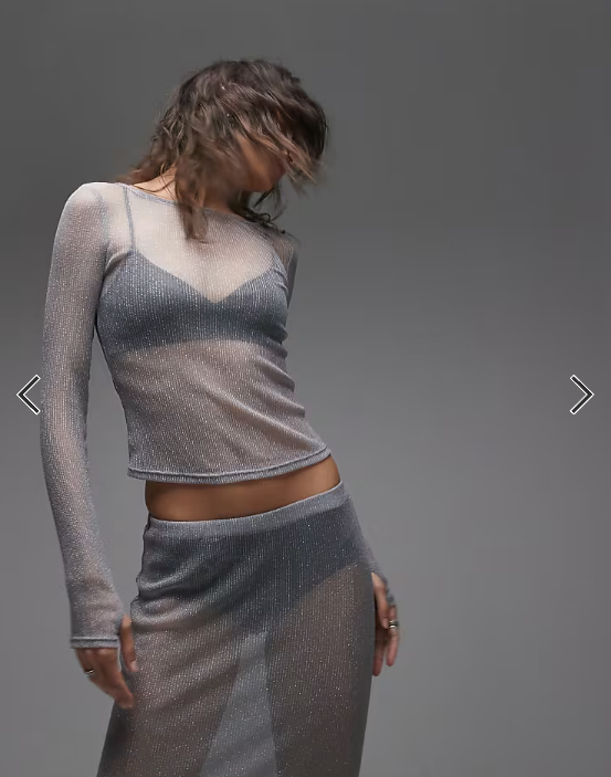 ASOS DESIGN co-ord semi sheer metallic knit long sleeve top in silver