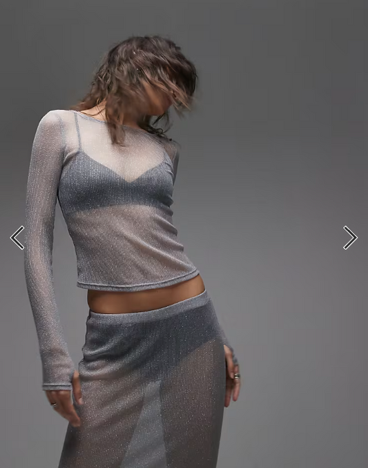 ASOS DESIGN co-ord semi sheer metallic knit long sleeve top in silver