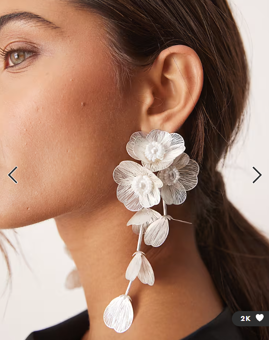 ASOS DESIGN drop earrings with 3D floral design in pearl white tone