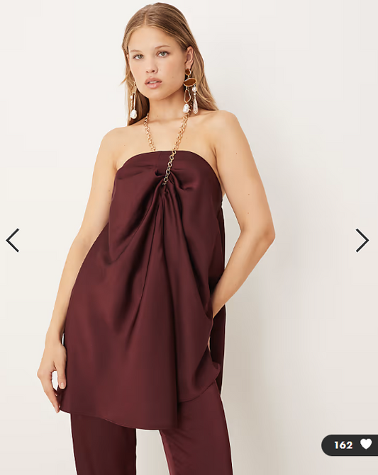 ASOS DESIGN gold chain halter neck satin top co-ord in plum
