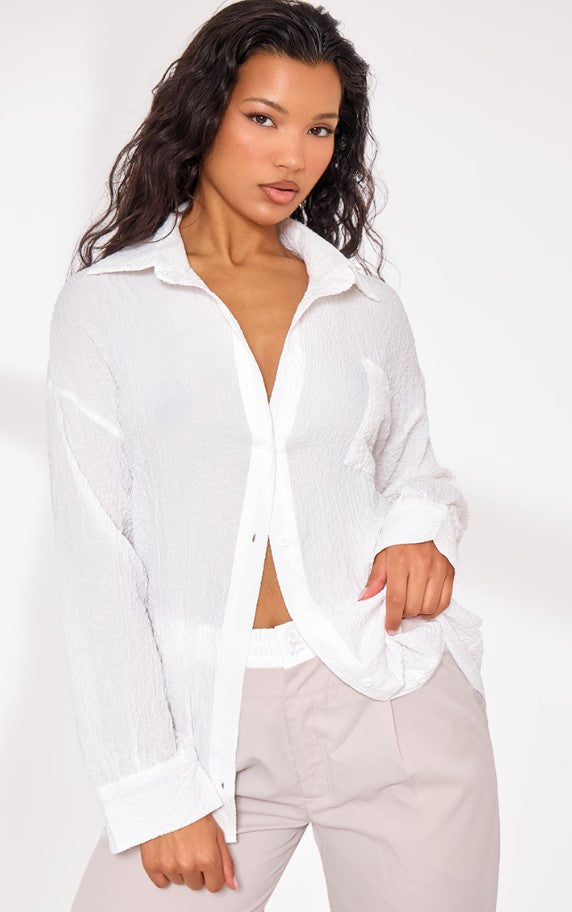 White Textured Pocket Front Oversized Shirt