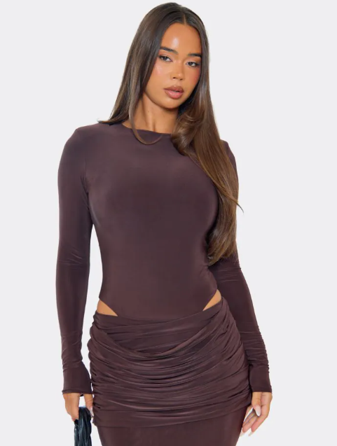 Long Sleeve Bodysuit With Shoulder Pads In Chocolate Brown Slinky