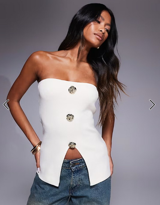 DESIGN knitted button front bandeau with gold buttons in ecru